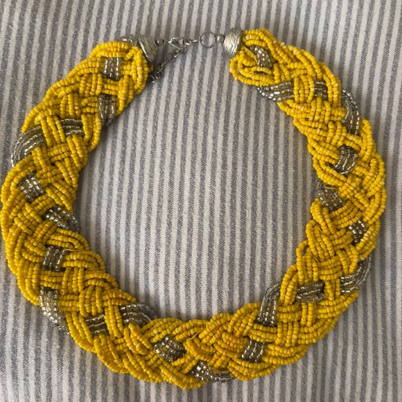 Vintage Hand-beaded-Woven Yellow and Silver-Glass Choker with Silver Hardware - Picture 9 of 11